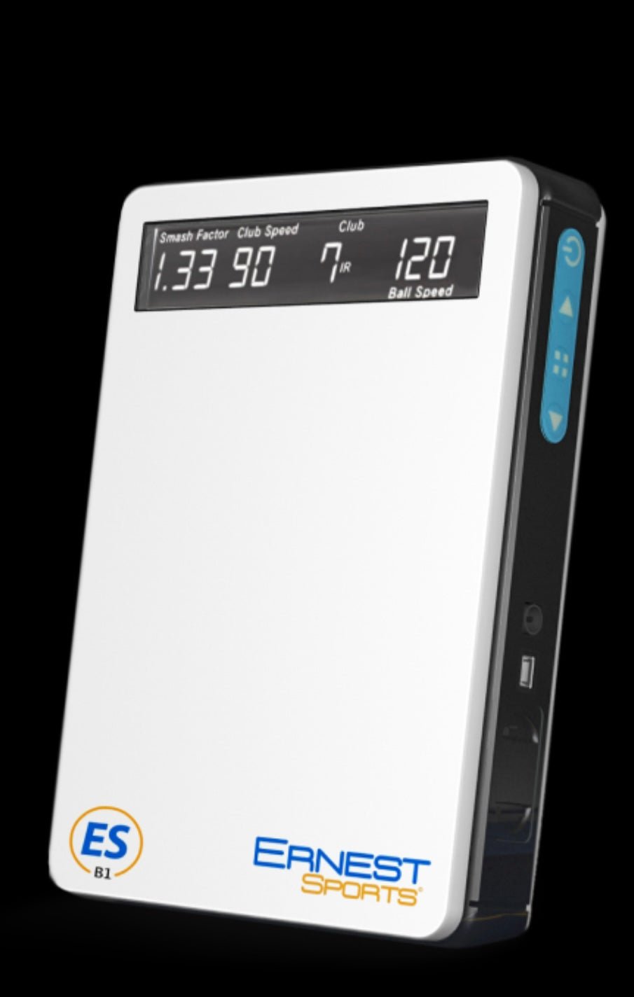 Ernest Sports ESB1 golf launch monitor close-up with digital display showing club speed, and ball speed. - ALLBGT