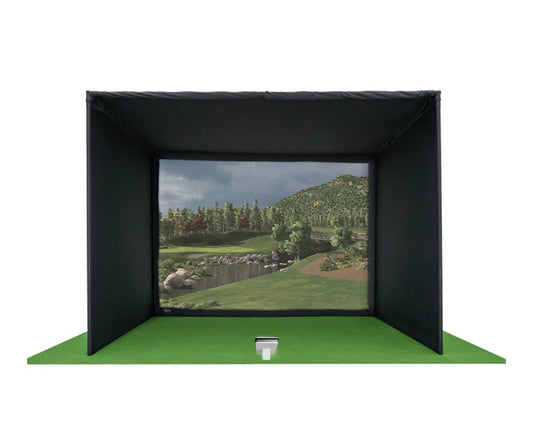 Carl’s Place indoor golf simulator enclosure with HD impact screen showing realistic course view for ESB1 bundle. - ALLBGT