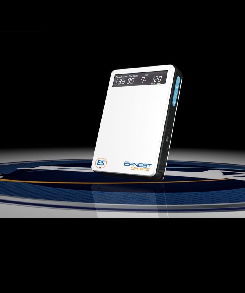 Ernest Sports ESB1 golf launch monitor close-up with digital display showing ball speed and data - ALLBGT