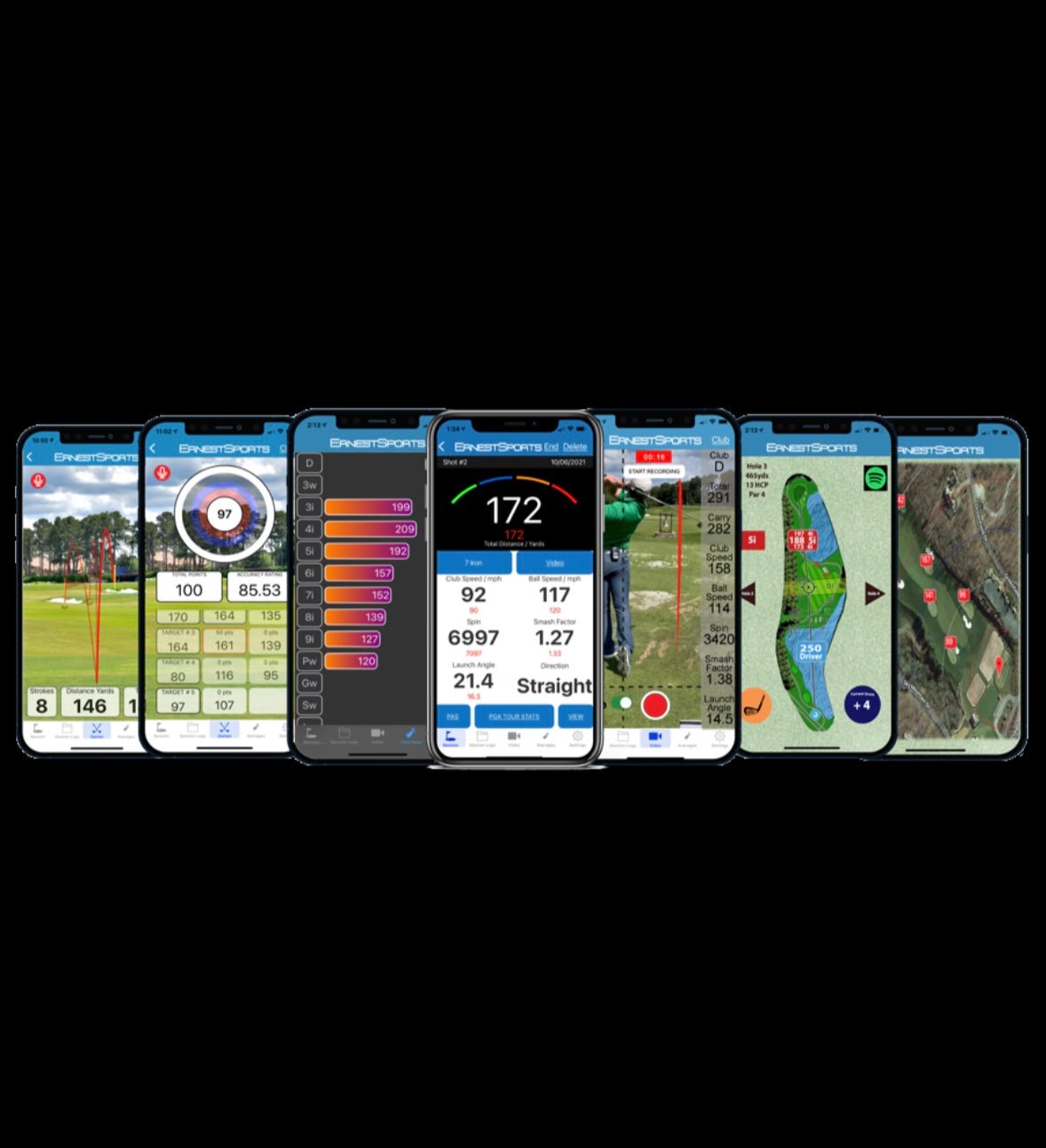 Ernest Sports mobile app display showing golf swing data, shot stats, and performance with ESB1 launch monitor - ALLBGT