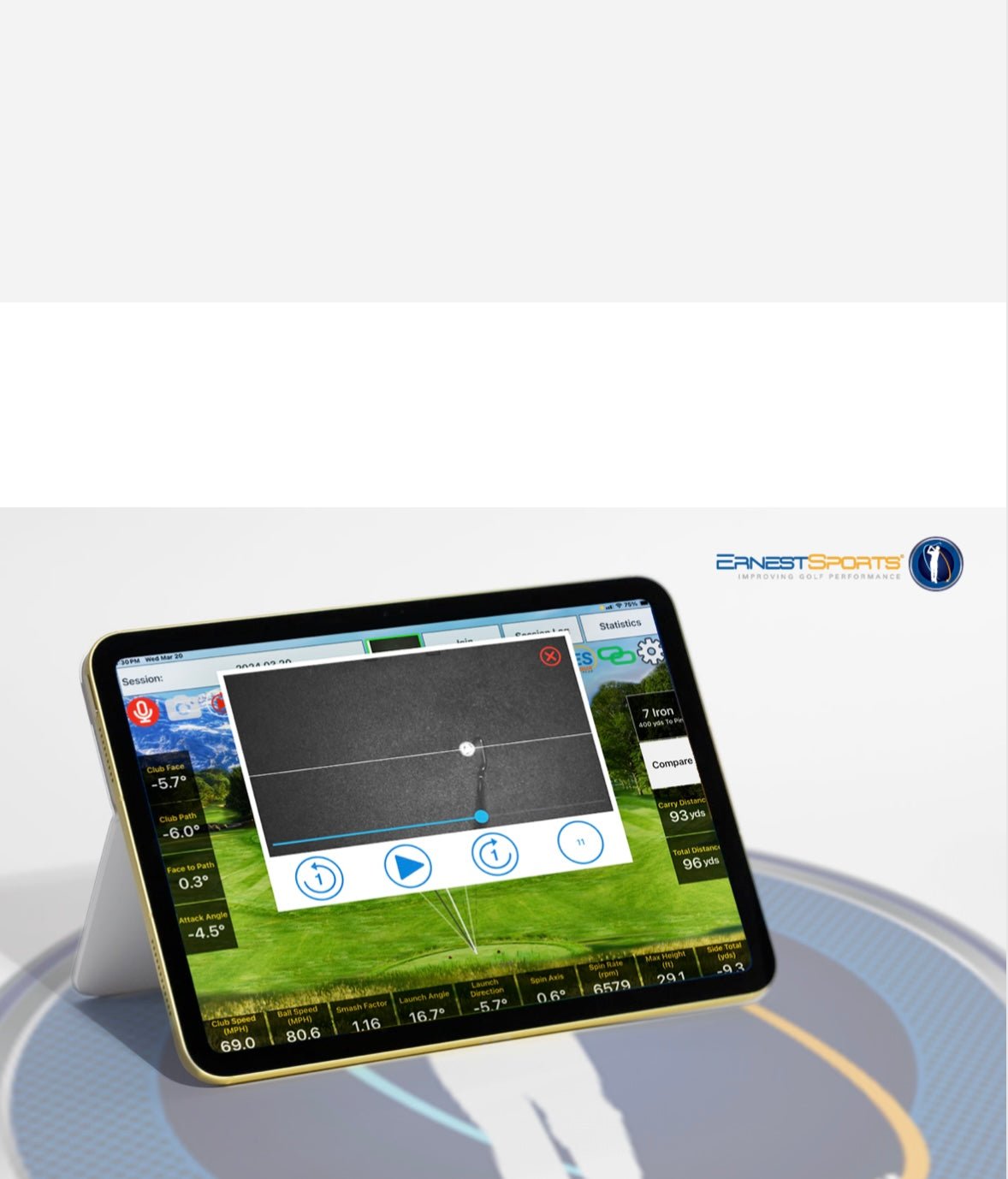 Ernest Sports ES Eagle Sim Launch Monitor app on tablet displaying golf shot analysis, ball flight data. - ALLBGT