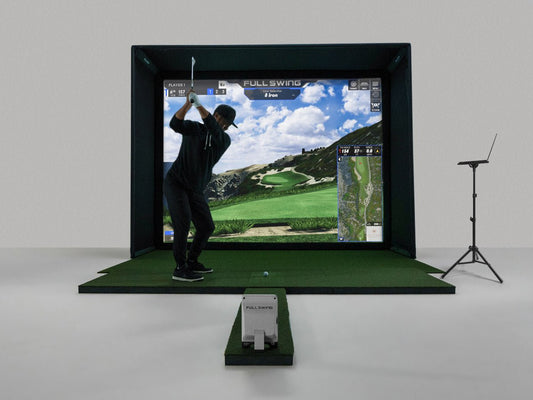 Golfer using the Full Swing 10’ Screen Package, PC with Projector & Ceiling Mount - ALLBGT