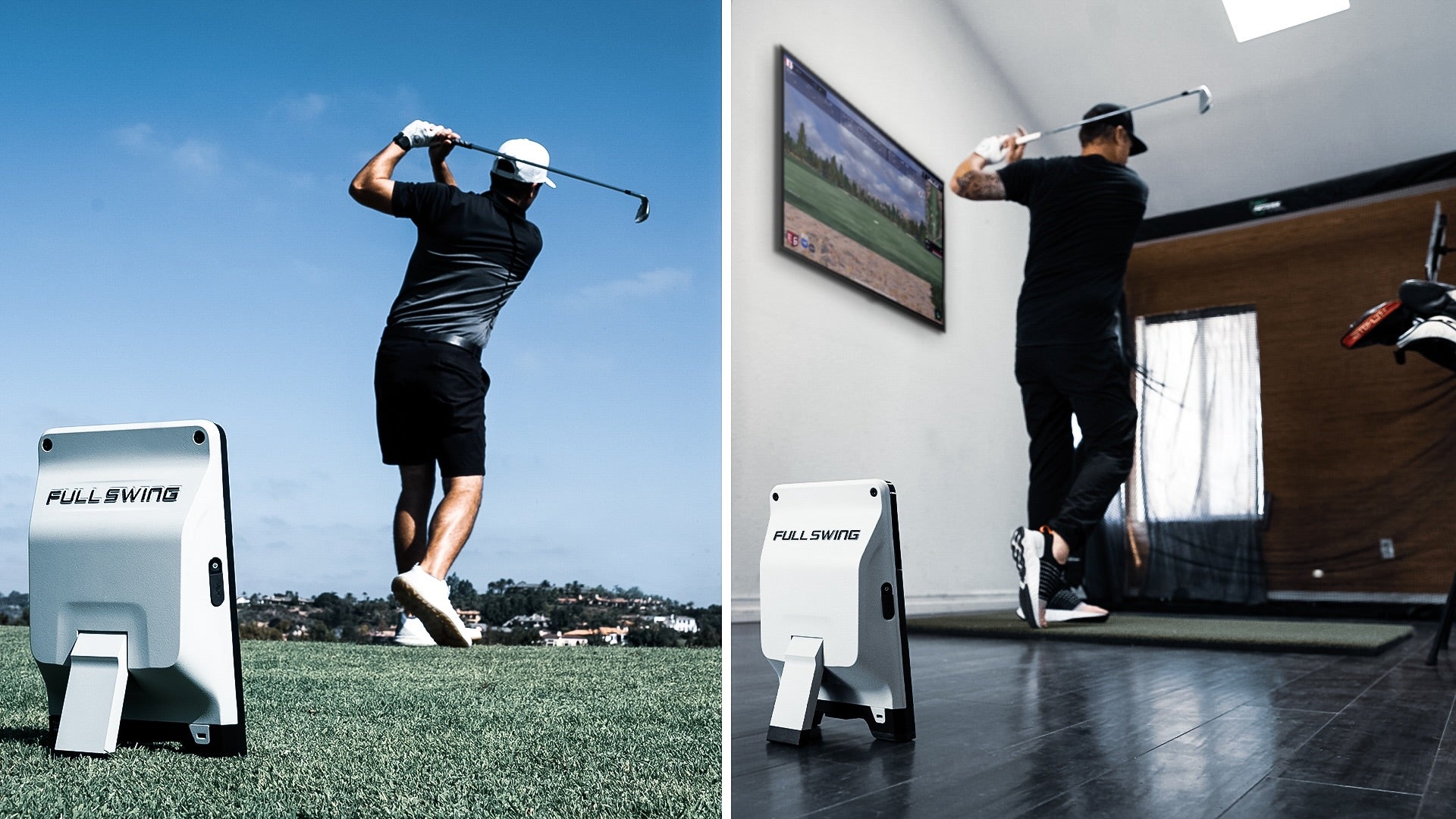 "Golfer using Full Swing KIT Golf Launch Monitor outdoors and indoors for swing analysis and training accuracy - ALLBGT."