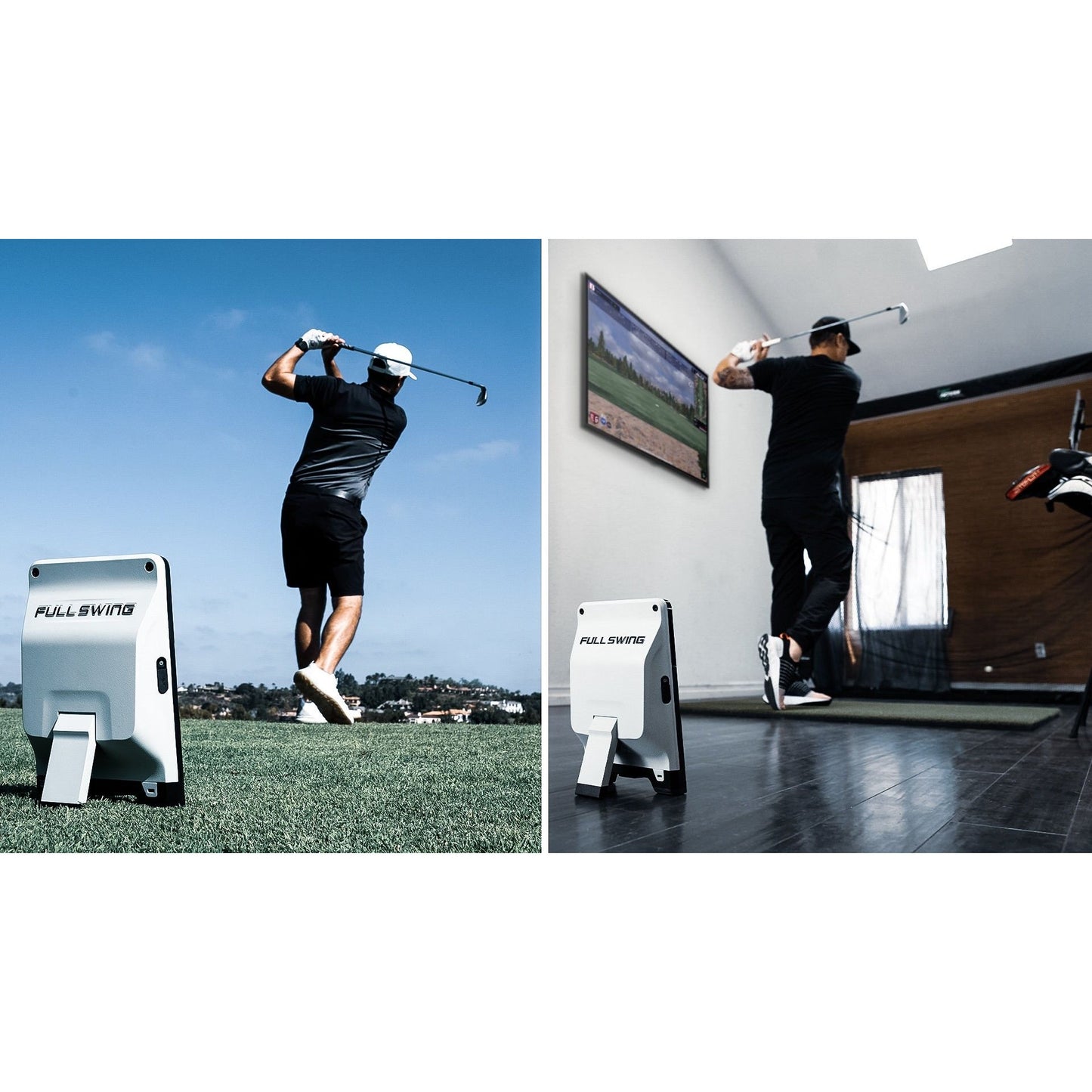 "Golfer using Full Swing KIT Golf Launch Monitor outdoors and indoors for swing analysis and training accuracy - ALLBGT."