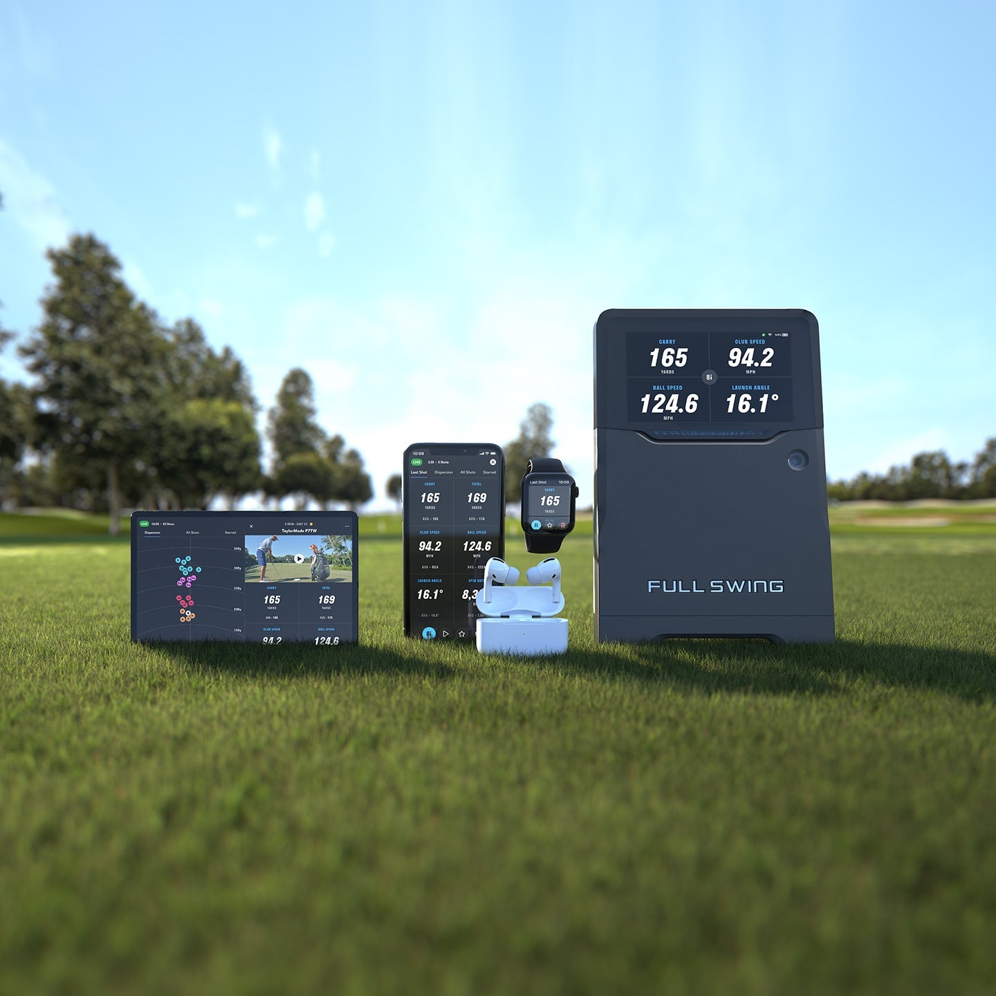 Full Swing Launch Monitor with golf performance data displayed on tablet, smartphone, and smartwatch - outdoor setup - ALLBGT