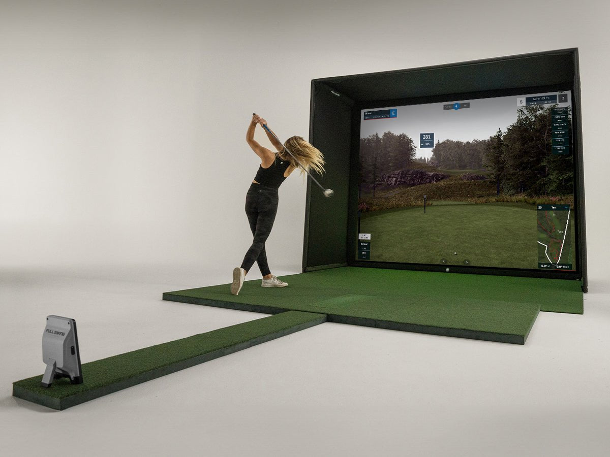 Angled view of golfer using Full Swing KIT Studio 12β Screen Package - ALLBGT
