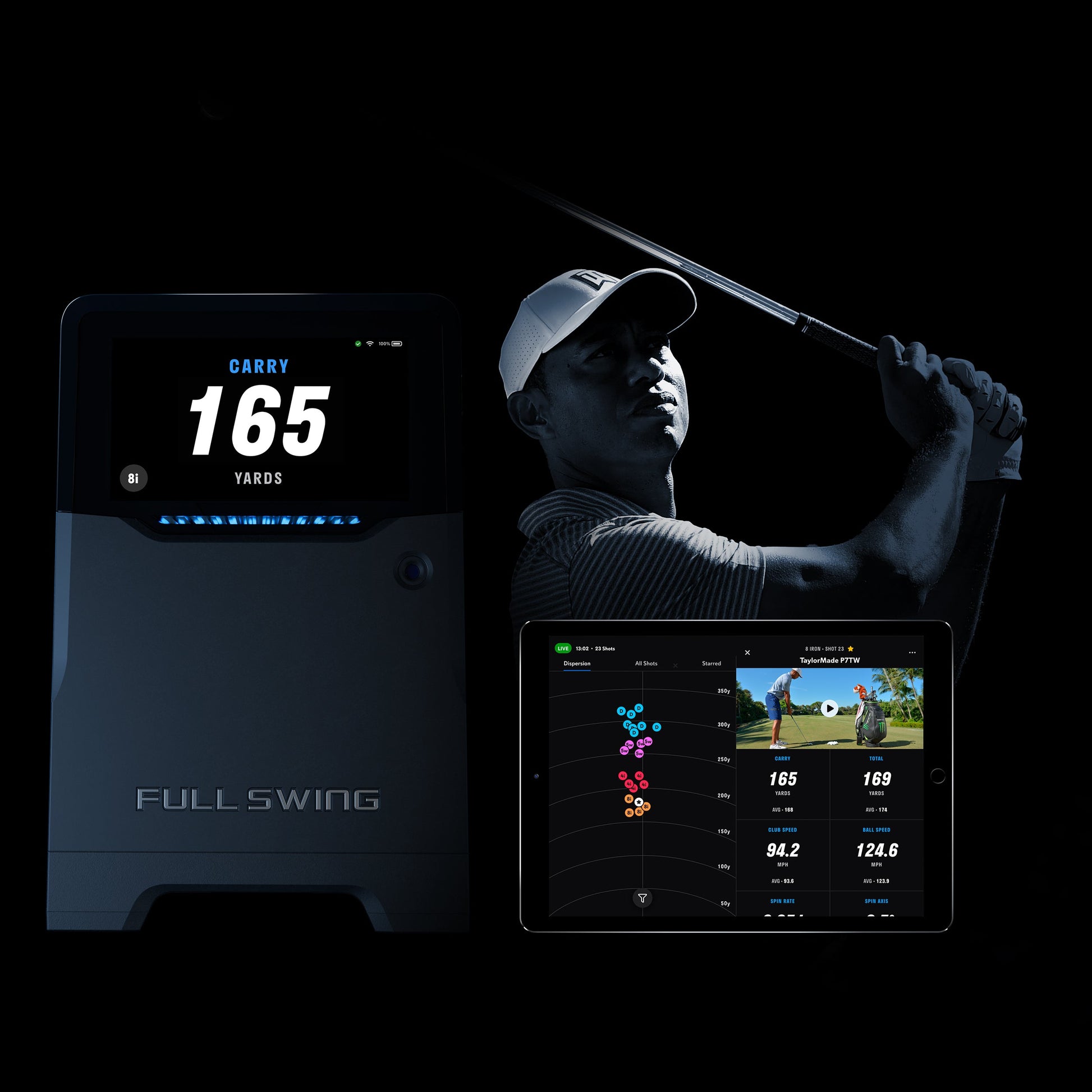 "Full Swing KIT Golf launch monitor with Tiger Woods head shot swinging a golf club and data screen - ALLBGT"