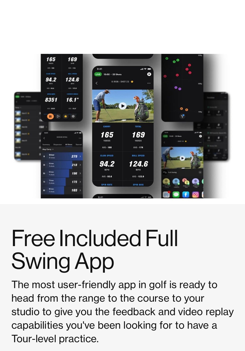 “Full Swing Golf App interface displaying data tracking and analysis features included with Full Swing Kit - ALLBGT.”