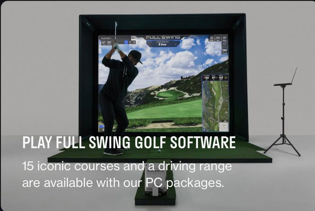 “Golfer using Full Swing Golf Software inside simulator enclosure with 4K course projection - ALLBGT.”