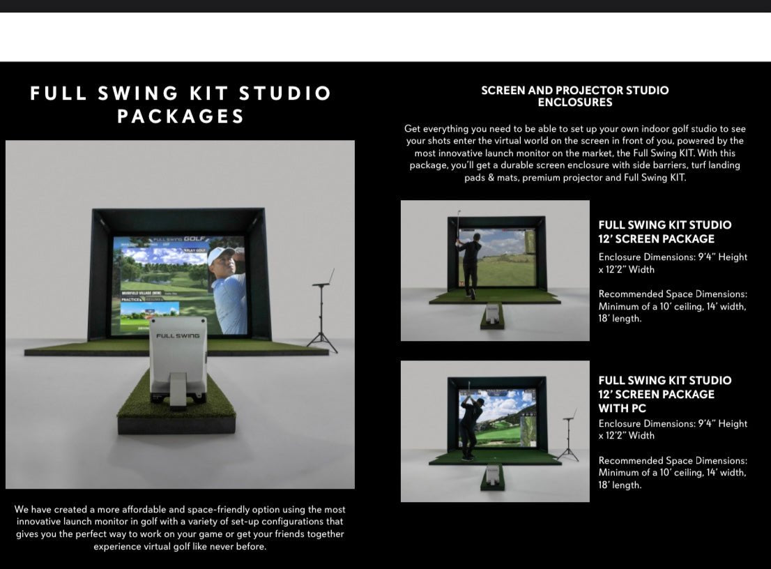 “Full Swing Kit Studio package display showing multiple simulator setup options and features- ALLBGT.”