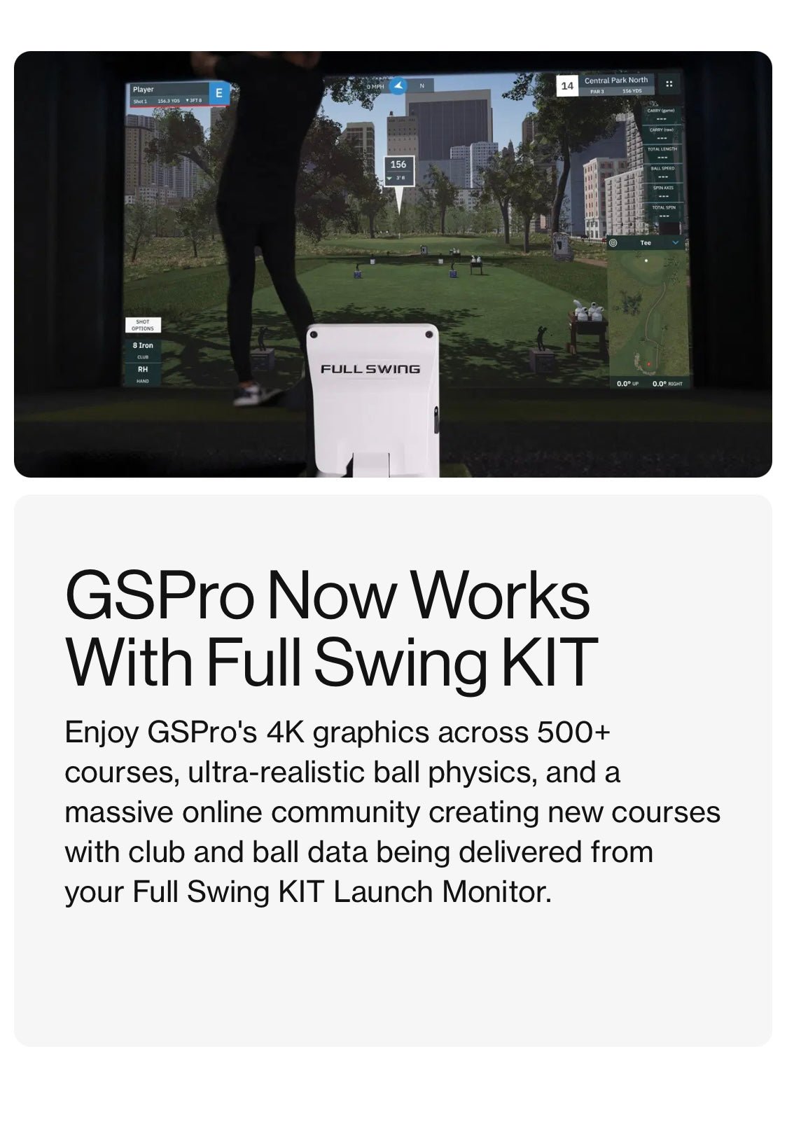 “Full Swing KIT compatibility with GSPro software showing 4K golf simulation and data integration - ALLBGT.”