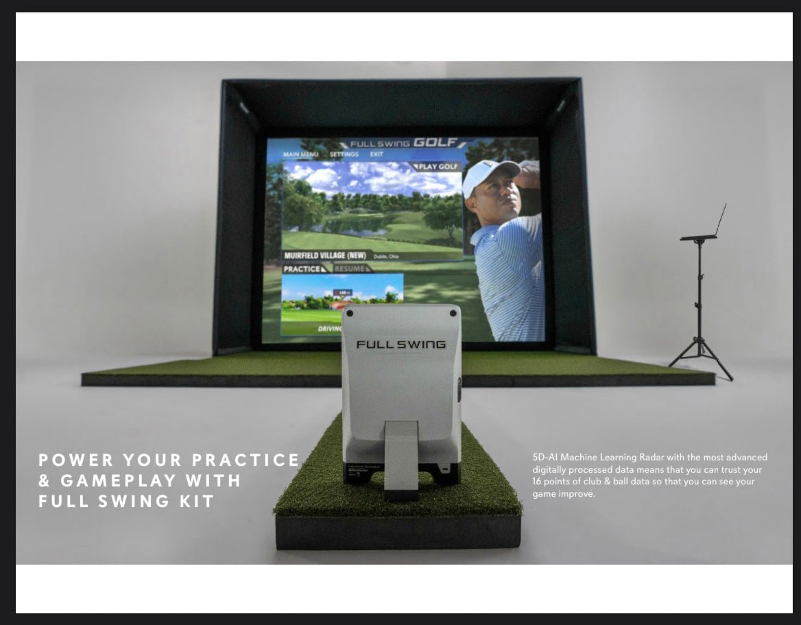 “Front view of Full Swing KIT Golf launch monitor and golf simulator enclosure setup - ALLBGT.”