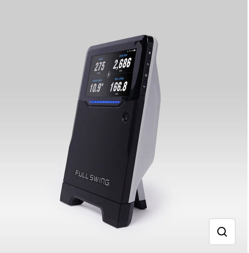 Full Swing KIT Golf Launch Monitor side view showing swing data display with carry distance, spin rate. - ALLBGT"