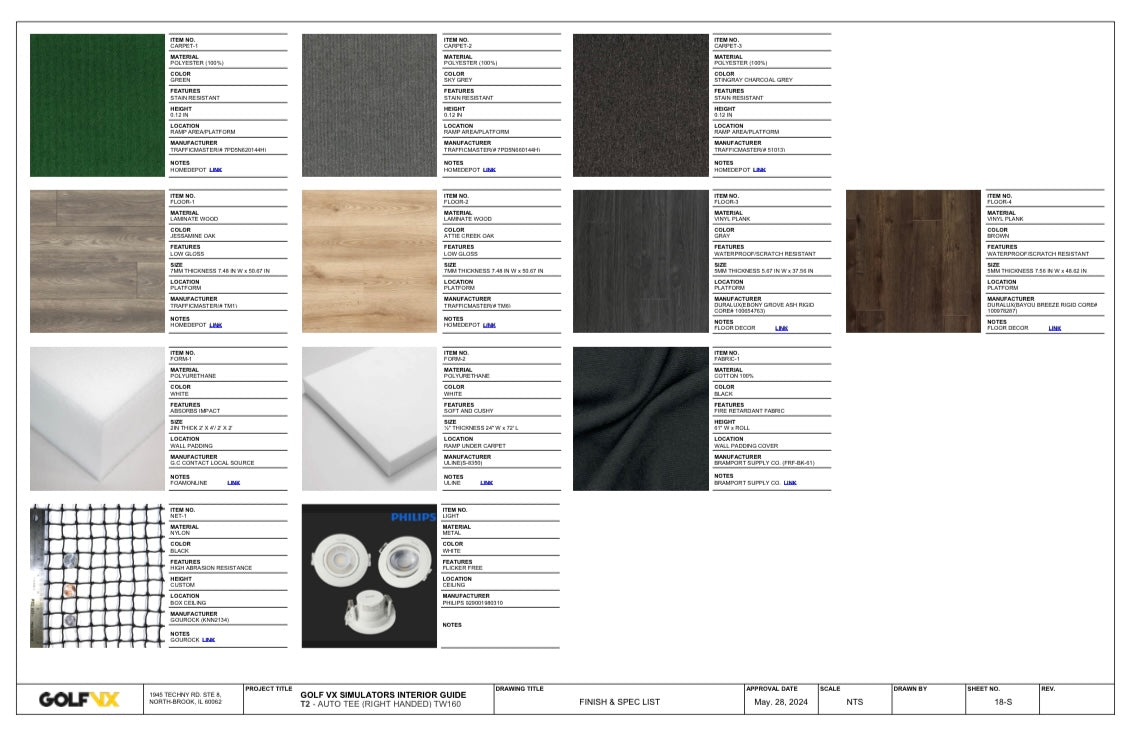 Golf VX T2 Simulator interior materials - flooring, wall panels, carpet, netting, and lighting finishes - ALLBGT