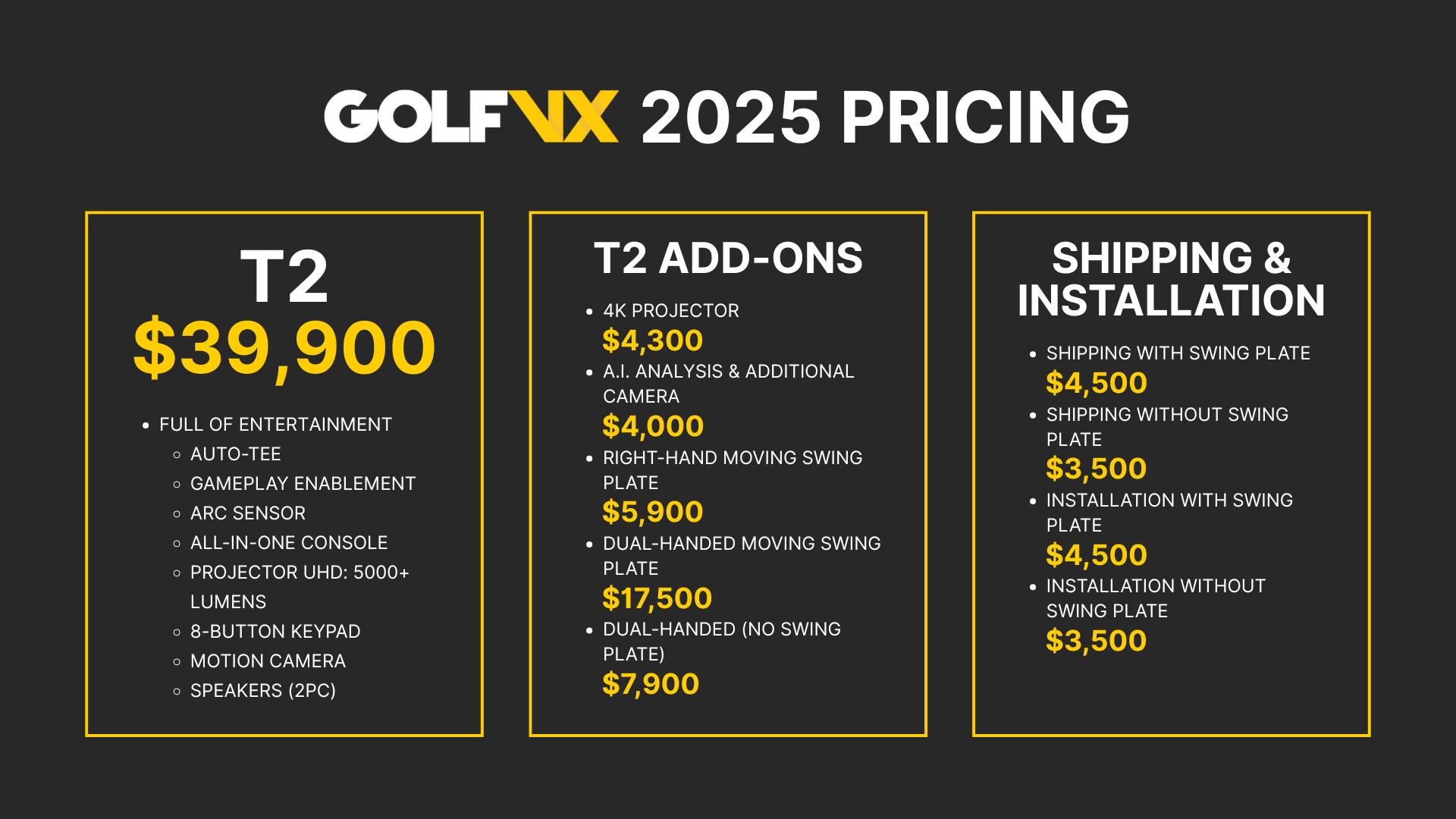Golf VX 2025 pricing chart - T2 simulator base price, add-ons, and shipping installation costs - ALLBGT