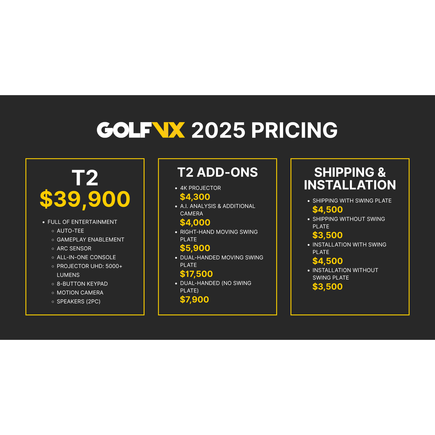 Golf VX 2025 pricing chart - T2 simulator base price, add-ons, and shipping installation costs - ALLBGT