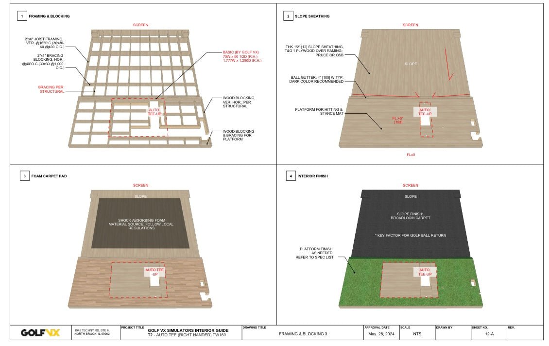 Golf VX T2 Simulator flooring and slope sheathing plan - framing, blocking, and foam carpet pad design - ALLBGT