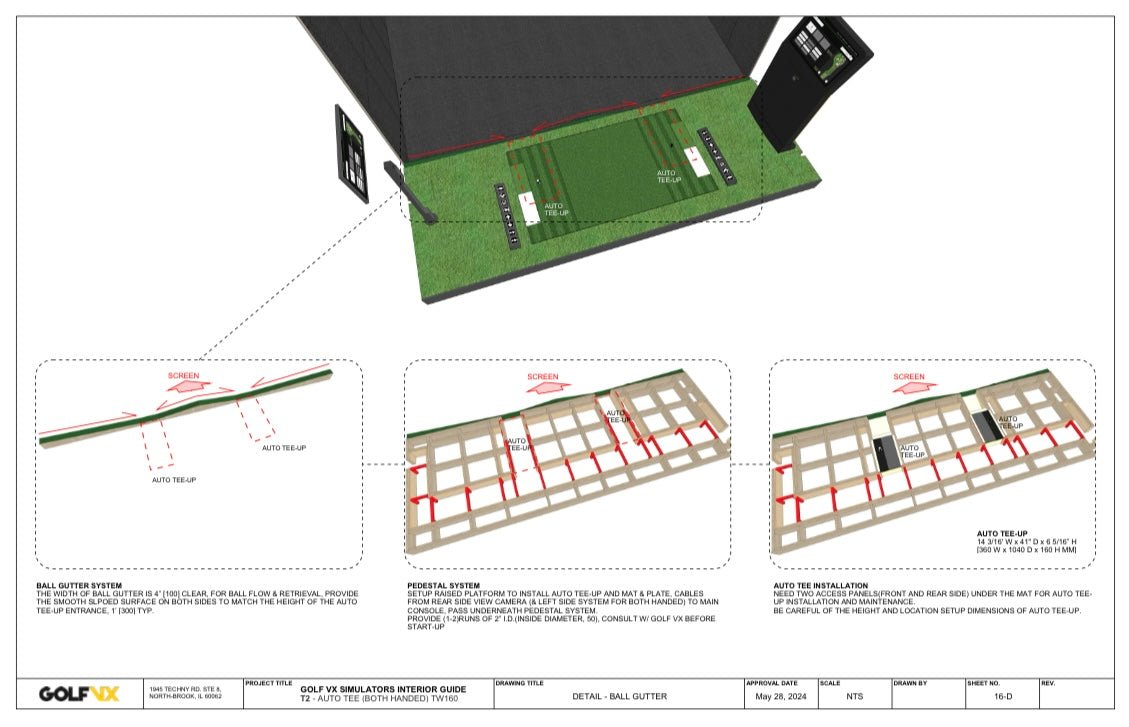 Golf VX T2 Simulator auto tee-up and ball gutter system layout - installation diagram showing pedestal setup - ALLBGT