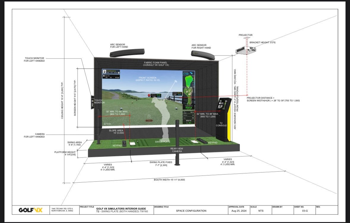 Golf VX T2 Simulator layout with sensors, projector, and hitting mat - indoor golf technology - ALLBGT