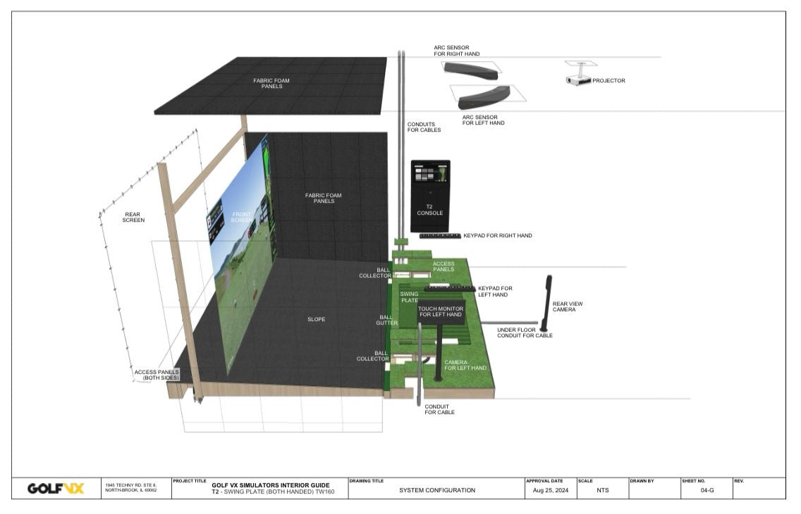 Golf VX T2 Simulator 3D layout with sensors, screen, projector, and hitting area detailed design and configuration - ALLBGT