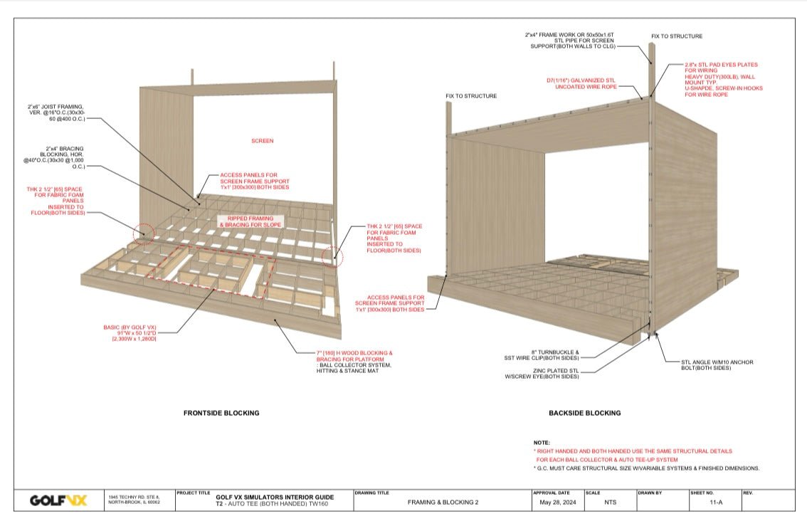 Golf VX T2 Simulator framing and blocking diagram - detailed construction of platform and screen support - ALLBGT