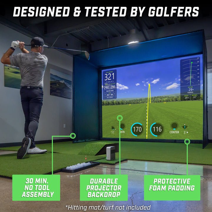 "In use of GoSports 10x8 ft Golf Simulator Enclosure Net with HD Impact Screen paired with hitting mat - ALLBGT"