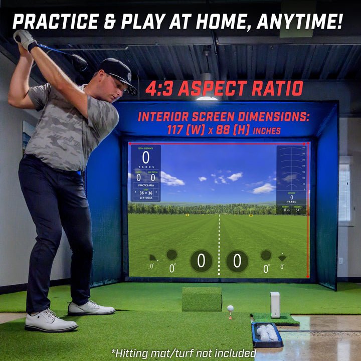 "Golfer practicing swing using GoSports 10x8 ft Golf Simulator Enclosure Net with HD Impact Screen - ALLBGT"