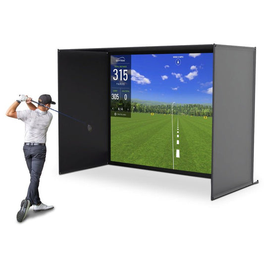 "Front view of GoSports 10x8 ft Golf Simulator Enclosure Net with HD Impact Screen for indoor golf practice - ALLBGT"