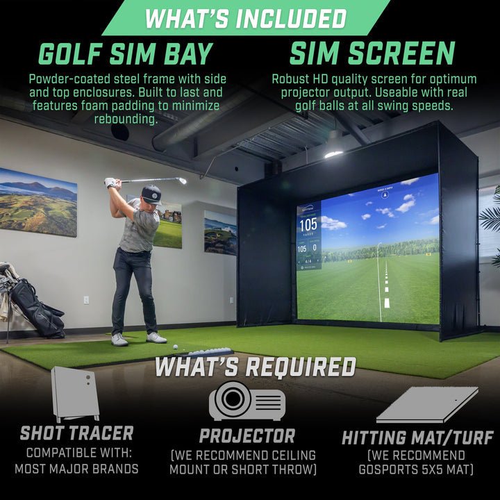 "Wide shot of GoSports 10x8 ft Golf Simulator Enclosure Net with HD Impact Screen showing realistic play area - ALLBGT"