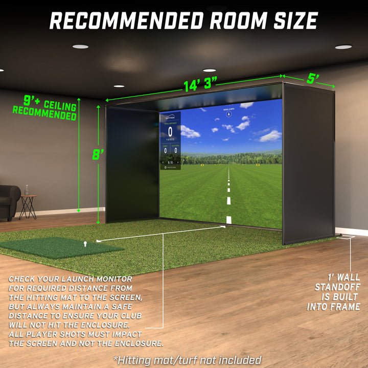 Full setup view of GoSports 14 x 8 ft Golf Simulator Enclosure Net with Frame and HD Impact Screen - ALLBGT