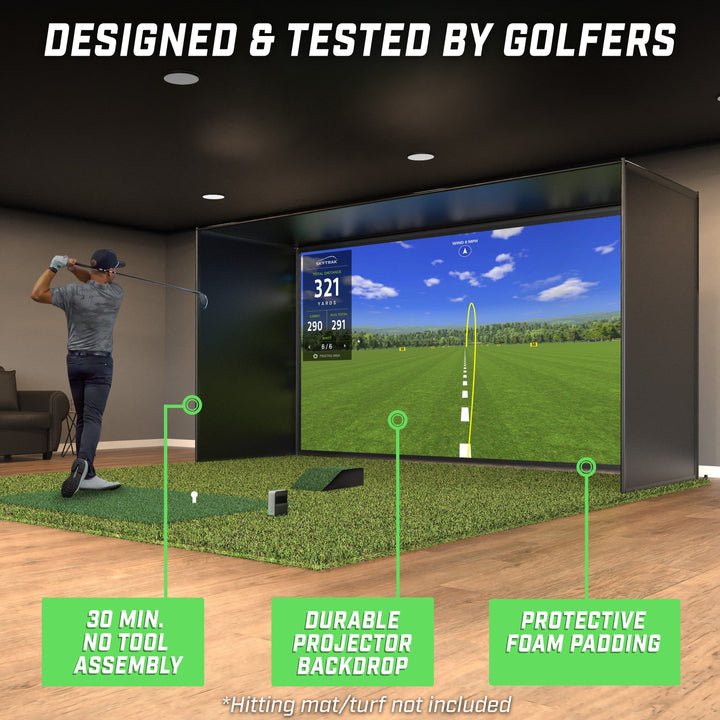 Angled view of GoSports 14 x 8 ft Golf Simulator Enclosure Net with Frame and HD Impact Screen - ALLBGT
