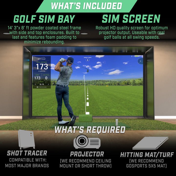 Front view of GoSports 14 x 8 ft Golf Simulator Enclosure Net with Frame and HD Impact Screen - ALLBGT