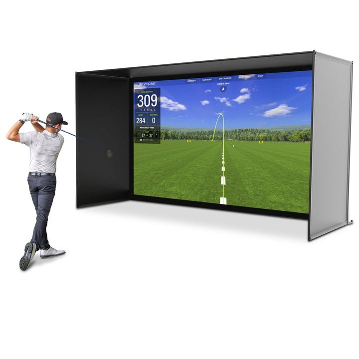 Side view of GoSports 14 x 8 ft Golf Simulator Enclosure Net with Frame and HD Impact Screen - ALLBGT