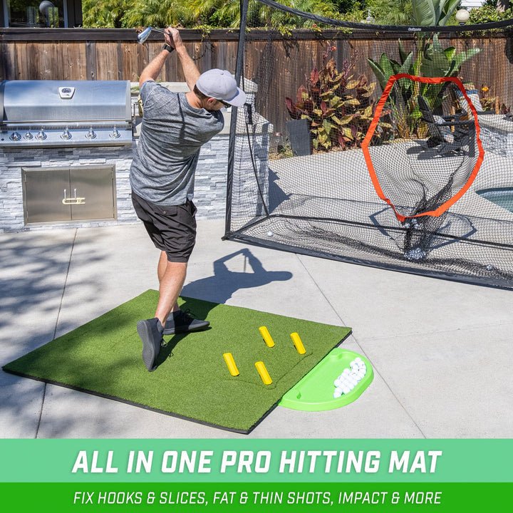 During swing view of the GoSports 5 ft x 4 ft Pro Golf Practice Hitting Mat - ALLBGT
