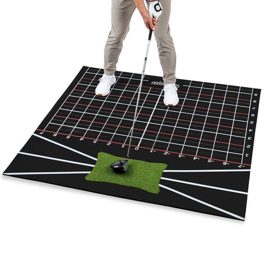 Golfer practicing swing on GoSports 5x5 Stance Golf Hitting Mat with alignment grid - ALLBGT