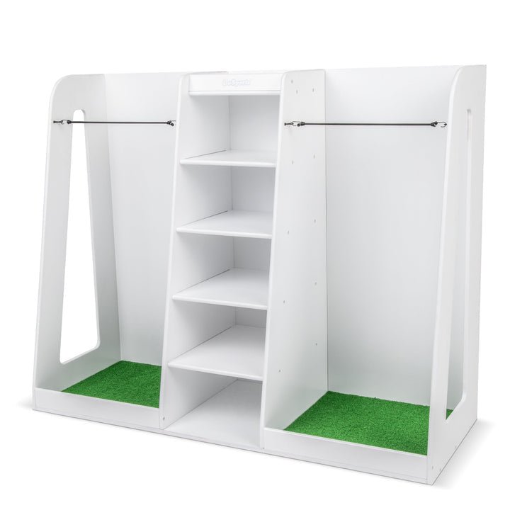 Detail of GoSports Double Wooden Golf Bag Organizer shelf and club storage - ALLBGT