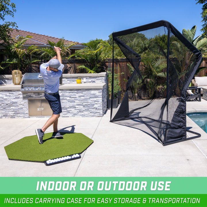 Backyard view of using the GoSports ELITE Golf Practice Net with Steel Frame 7 ft Size - ALLBGT