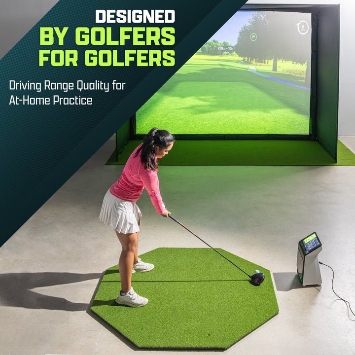 Indoor setup photo GoSports Golf Hitting Mat Pro 5x5 ft Octagon for home simulator use - ALLBGT