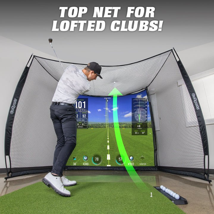 "GoSports Range Cage 10x8 ft Golf Hitting Net with Simulator Impact Screen promotional setup for golf training - ALLBGT"