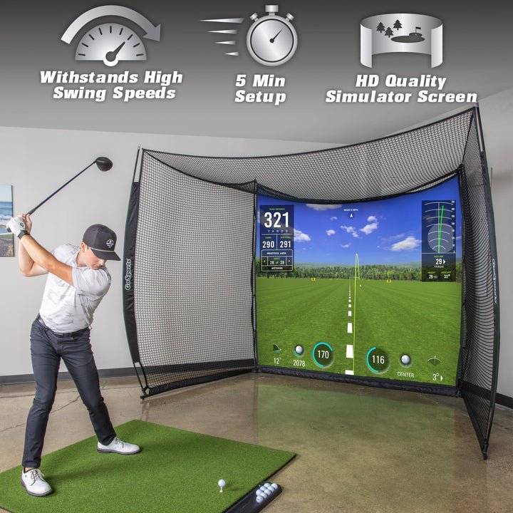 "GoSports Range Cage 10x8 ft Golf Hitting Net with Simulator Impact Screen set up indoors for home golf training - ALLBGT"