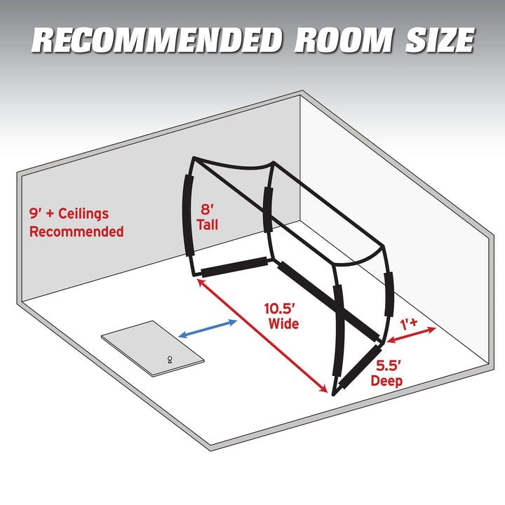 "Technical diagram of GoSports Range Cage 10x8 ft Golf Hitting Net showing enclosure frame and screen dimensions - ALLBGT"