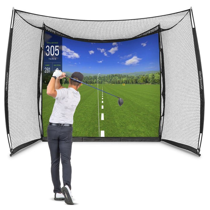 "Front view of GoSports Range Cage 10x8 ft Golf Hitting Net with Simulator Impact Screen for golf practice - ALLBGT"