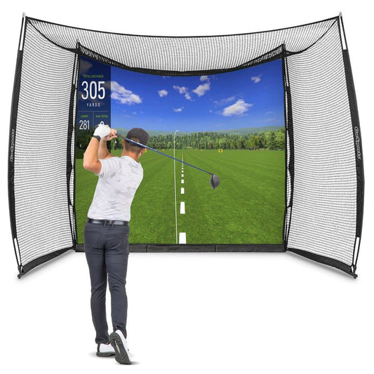 "Front view of GoSports Range Cage 10x8 ft Golf Hitting Net with Simulator Impact Screen for golf practice - ALLBGT"