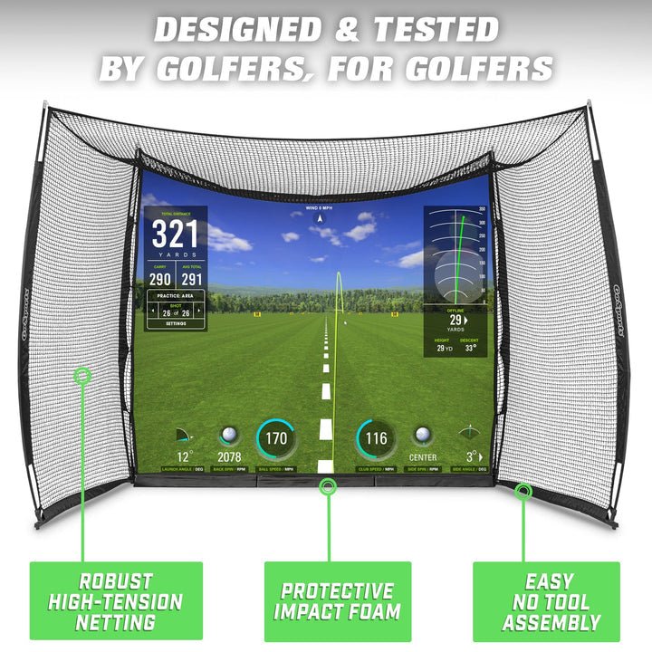 "GoSports Range Cage 10x8 ft Golf Hitting Net with Simulator Impact Screen showing realistic golf display area - ALLBGT"