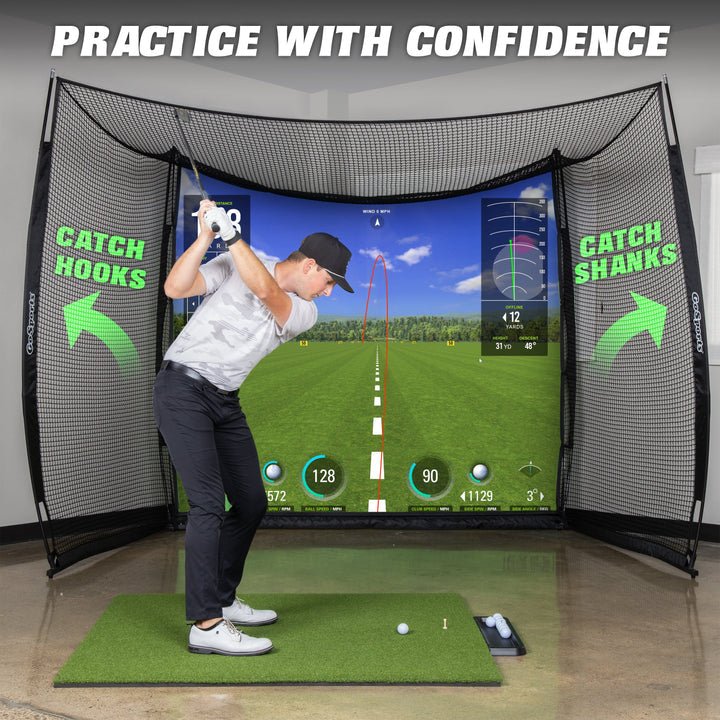 "Golfer practicing swing inside the GoSports Range Cage 10x8 ft Golf Hitting Net with Simulator Impact Screen - ALLBGT"