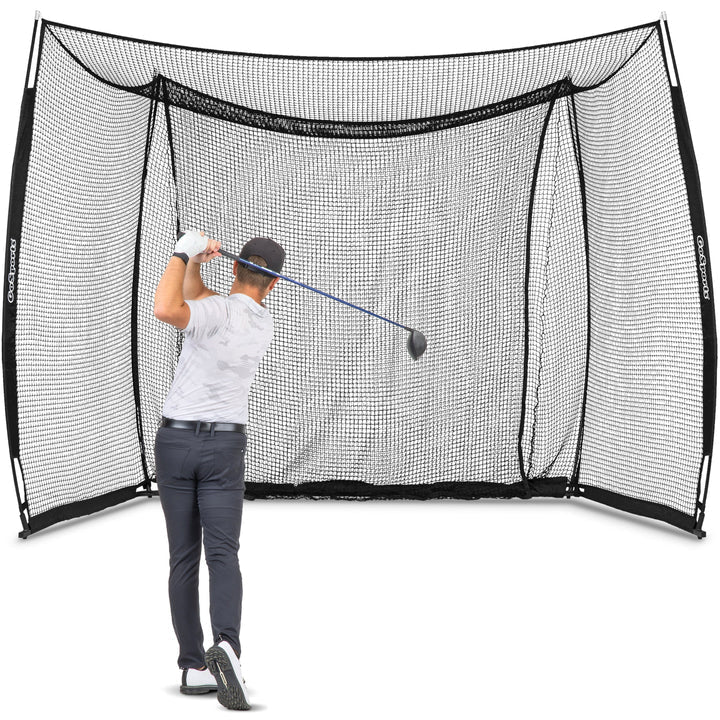 Golfer practicing swing inside GoSports Range Cage 10x8ft Golf Practice Hitting Net - ALLBGT