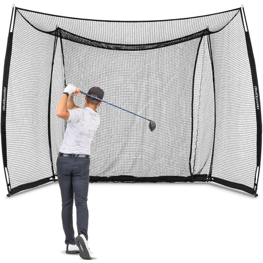 Golfer practicing swing inside GoSports Range Cage 10x8ft Golf Practice Hitting Net - ALLBGT