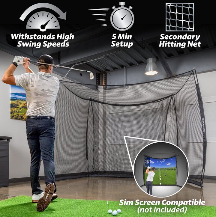 Indoor setup of GoSports Range Cage 10x8ft  Golf practice Hitting Net  with turf mat - ALLBGT
