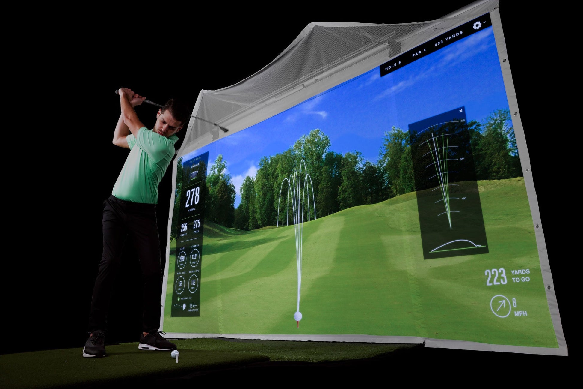 In use view of the HomeCourse ProScreen Retractable simulator screen - ALLBGT