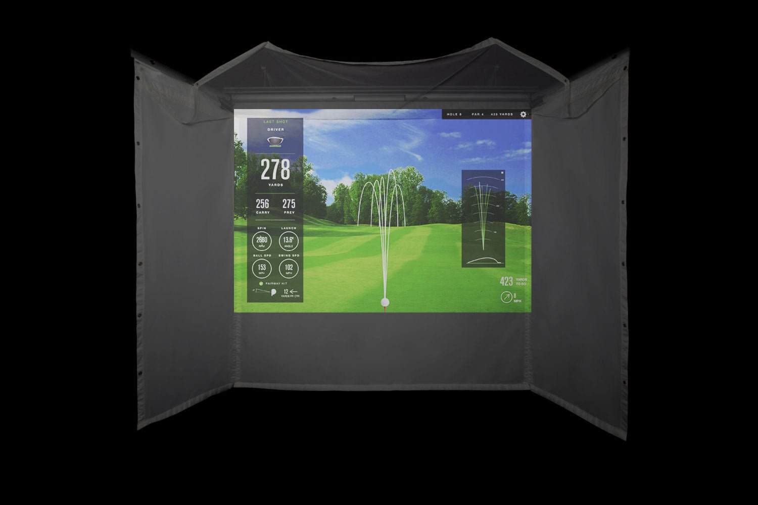 Wide shot view of the HomeCourse ProScreen Retractable simulator screen - ALLBGT